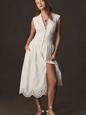 Anthropologie Shirt Dress Front
Zip White Tommie Eyelet Preppy Retro Large NWT